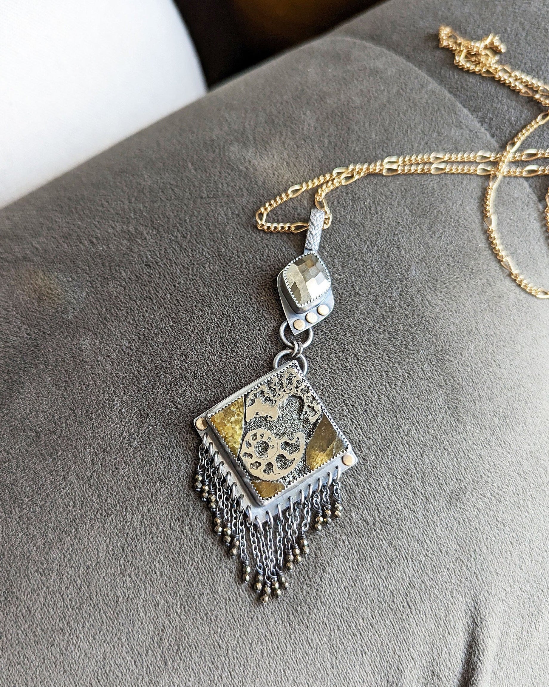 Ammonite mosaic statement pendant with pyrite in oxidized sterling silver shown on chain (not included)