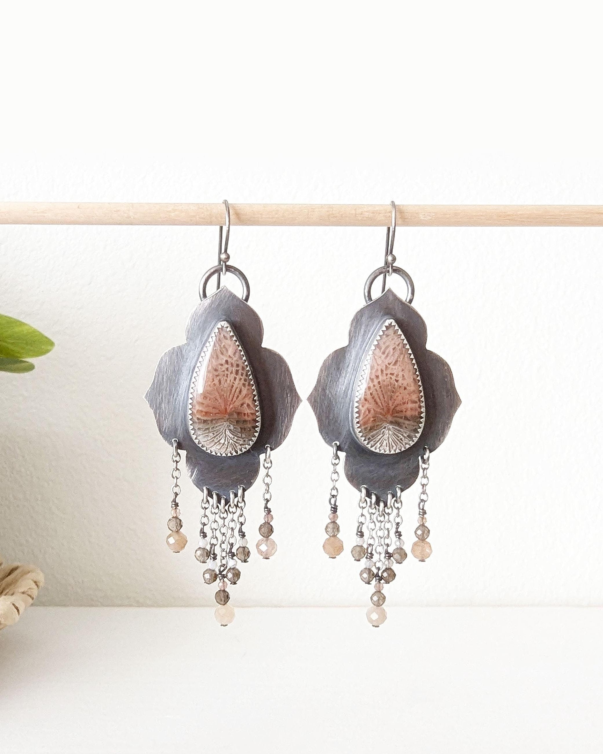Fossil coral drop earrings in oxidized sterling silver