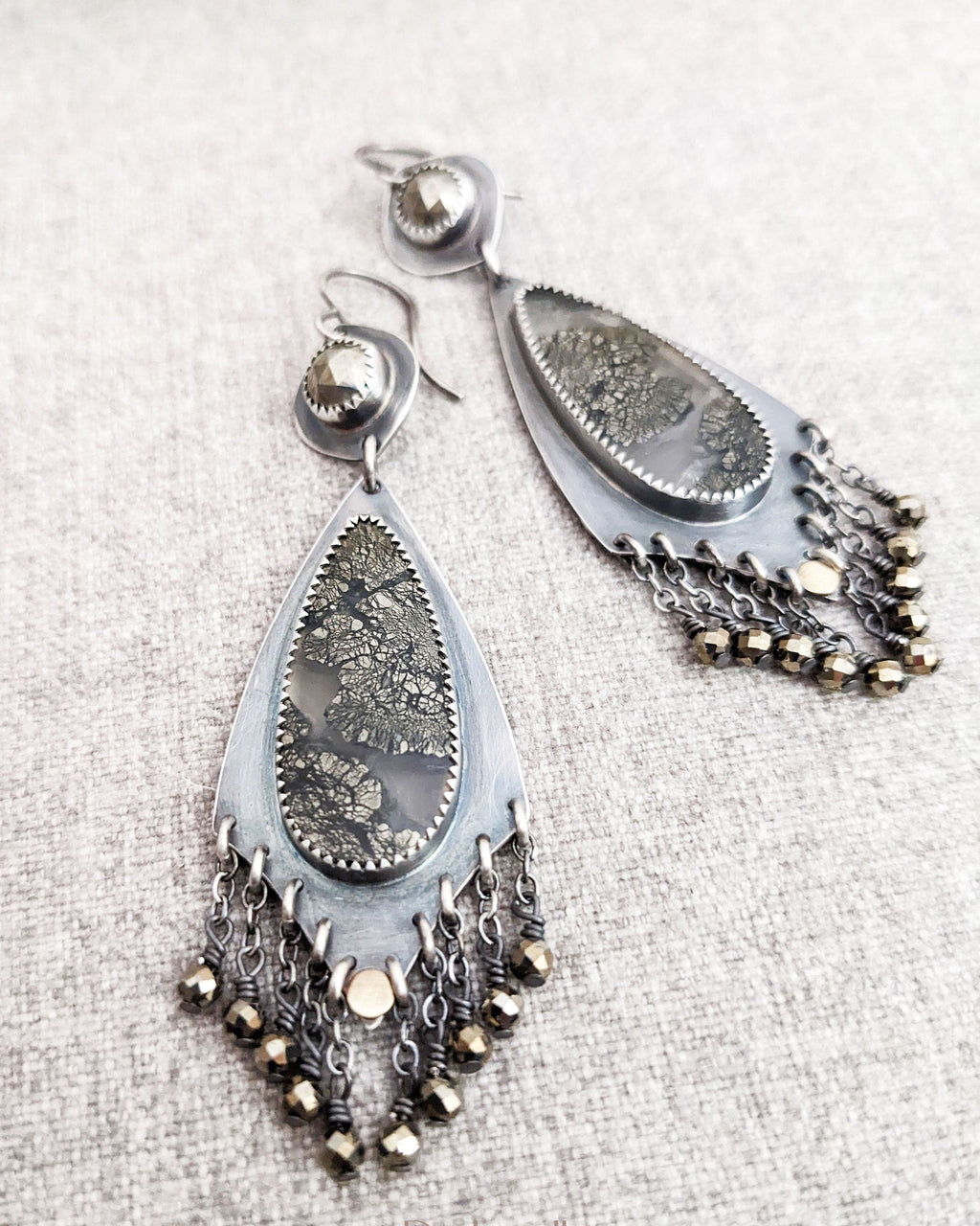 Goddess inspired agate earrings with marcasite stone and shimmering pyrite fringe
