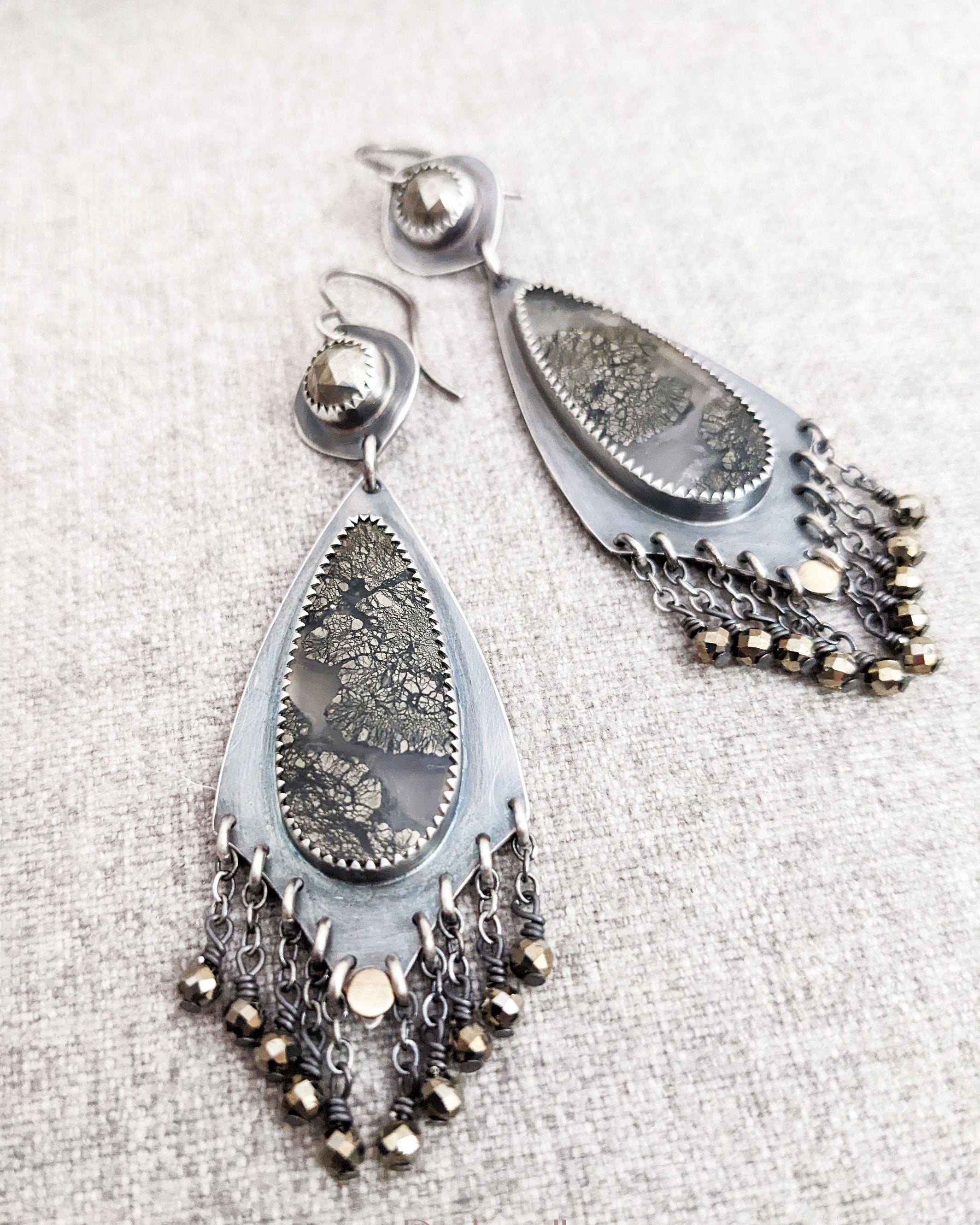 Goddess inspired agate earrings with marcasite stone and shimmering pyrite fringe
