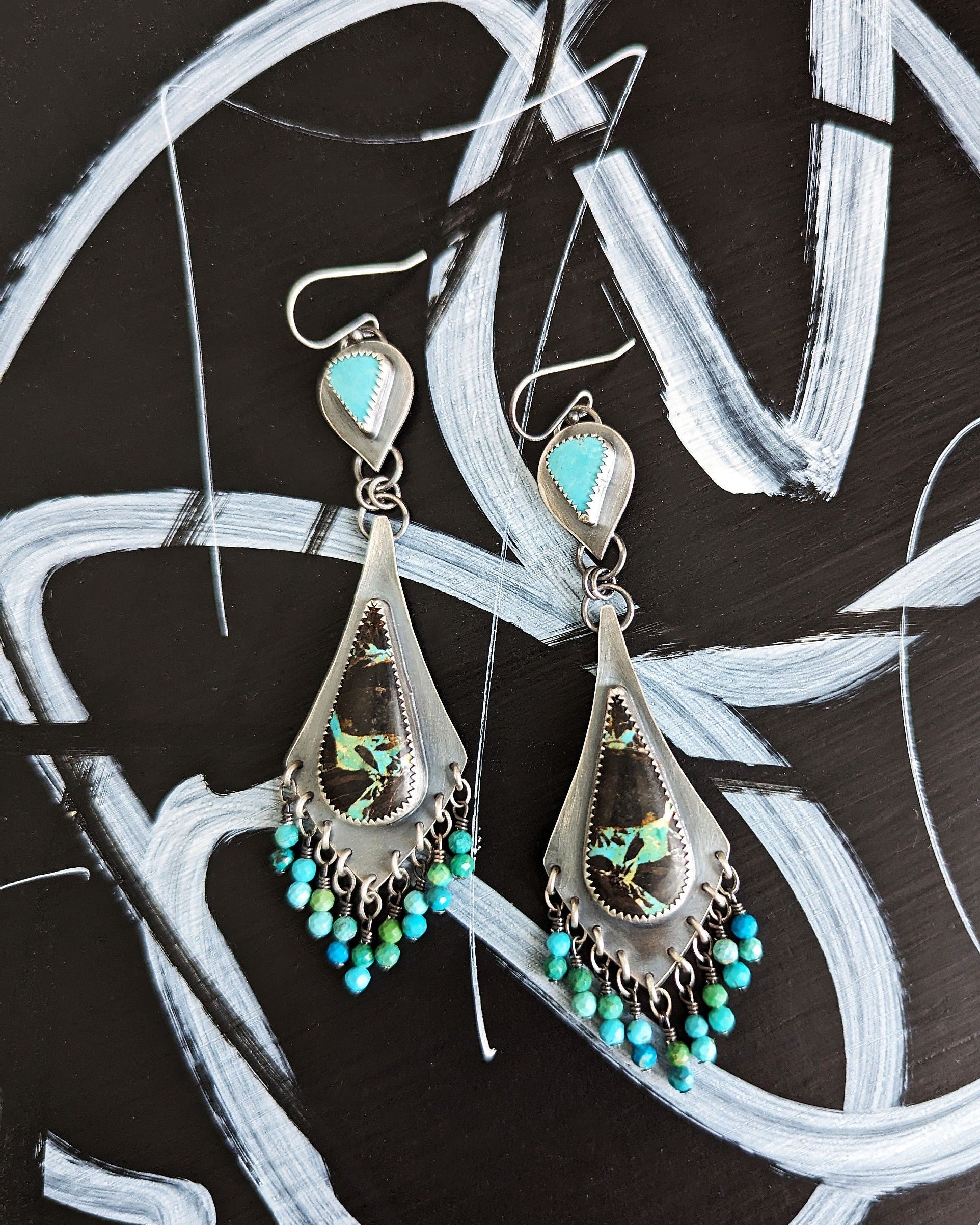 Kingman turquoise fringe earrings with multi-color bead accents