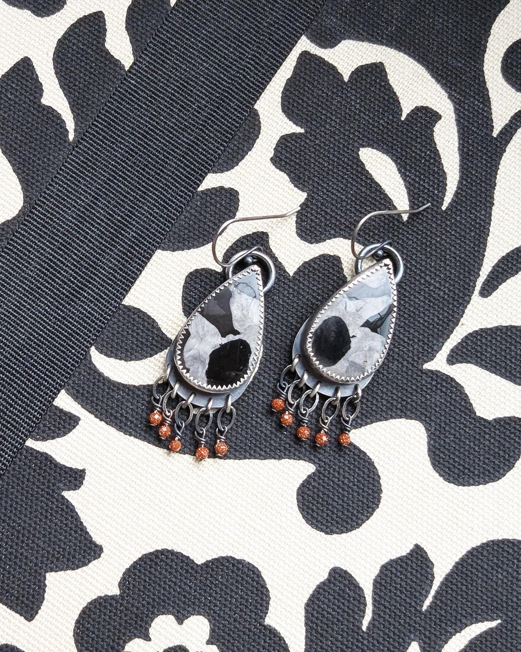 Septarian fossil teardrop earrings in oxidized sterling silver
