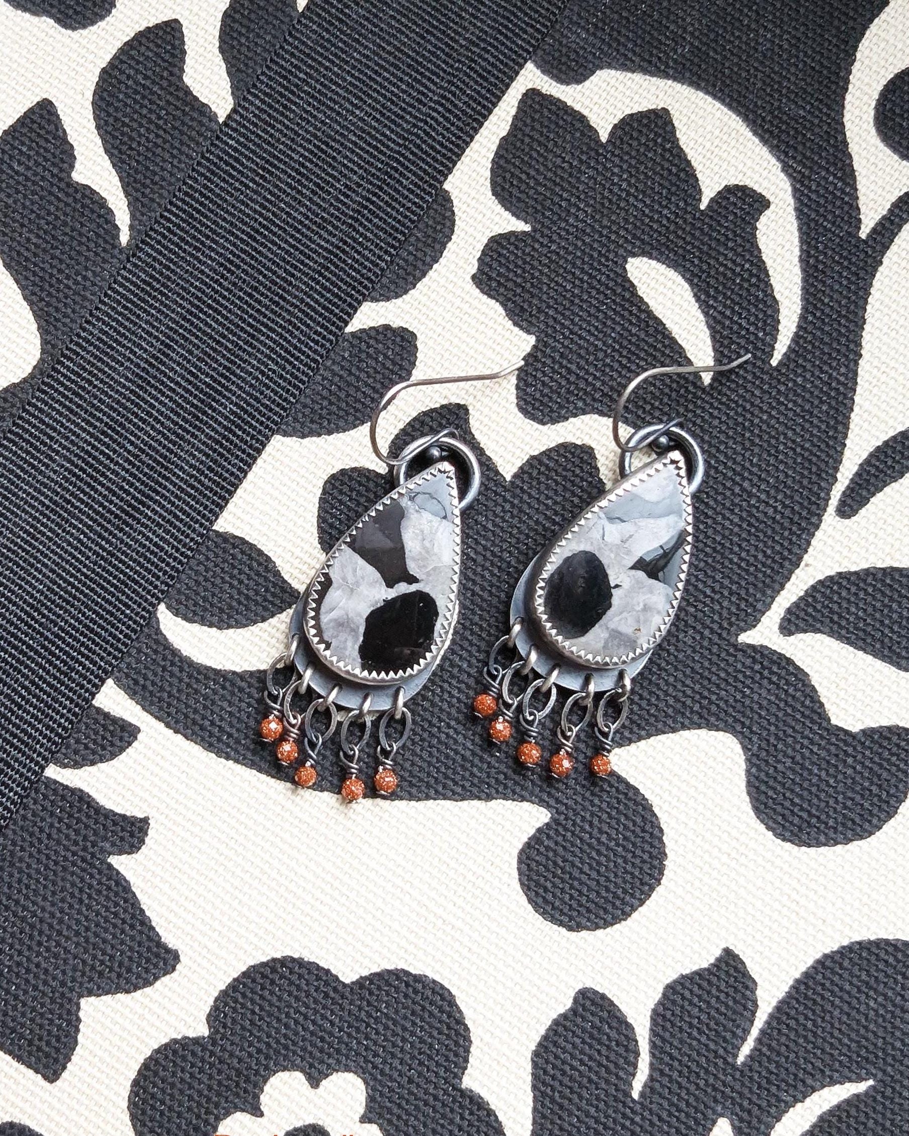 Septarian fossil teardrop earrings in oxidized sterling silver
