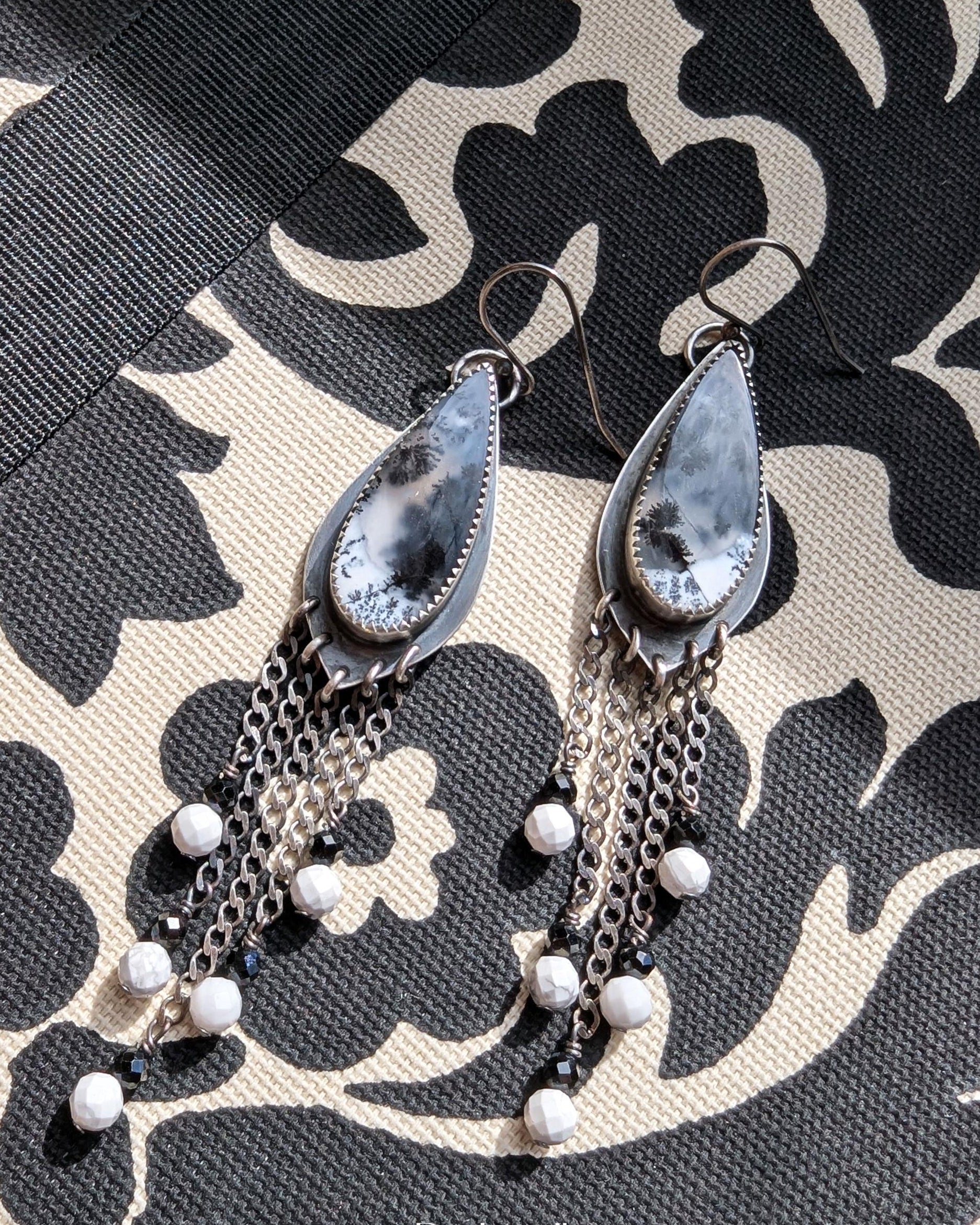 Oxidized sterling silver leaf motif earrings with graduated chain detail
