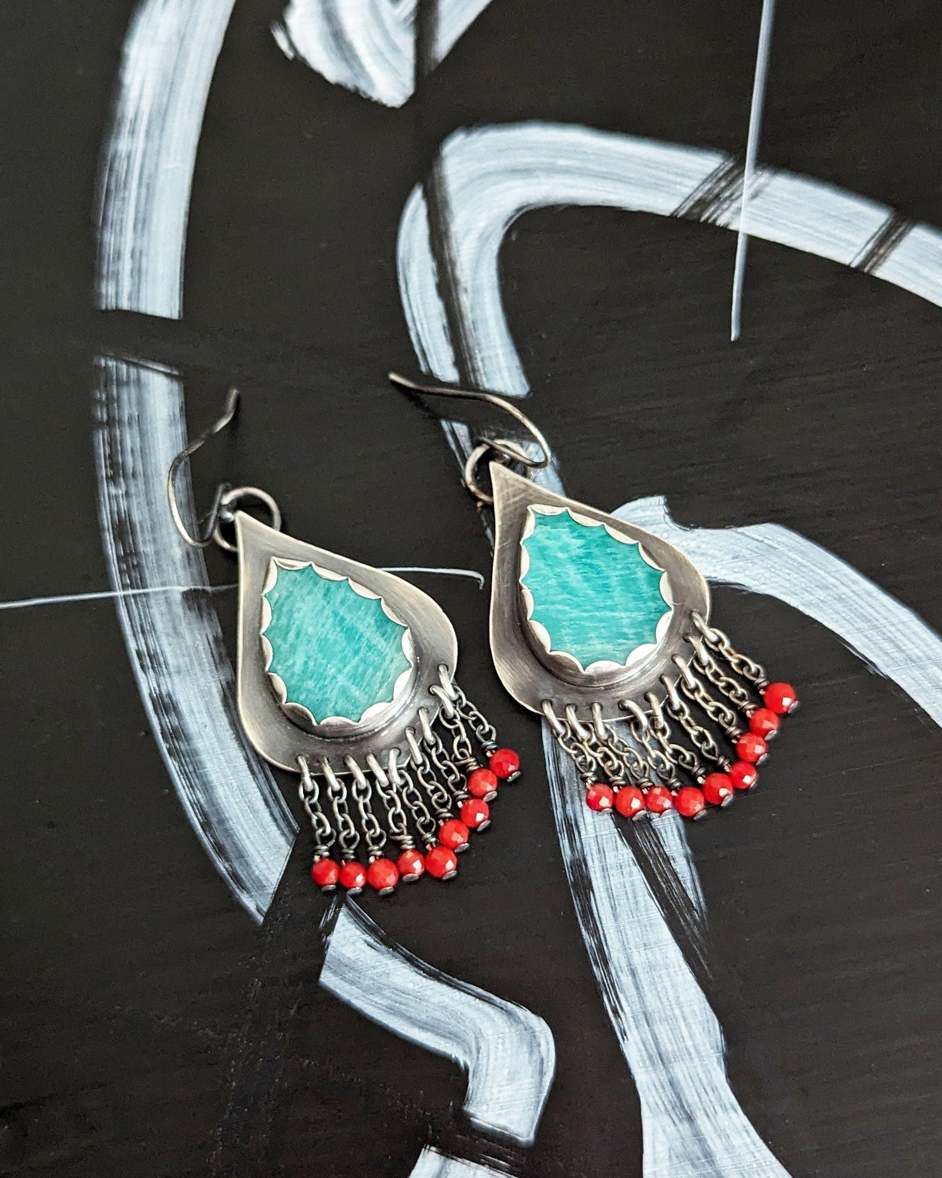 Amazonite earrings with vibrant turquoise color in oxidized sterling silver