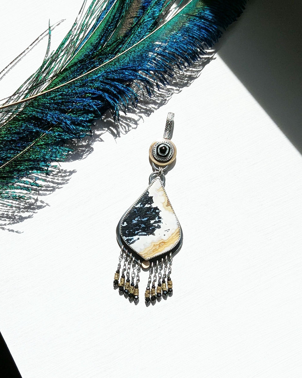 Artisan druzy agate necklace with brass and oxidized silver