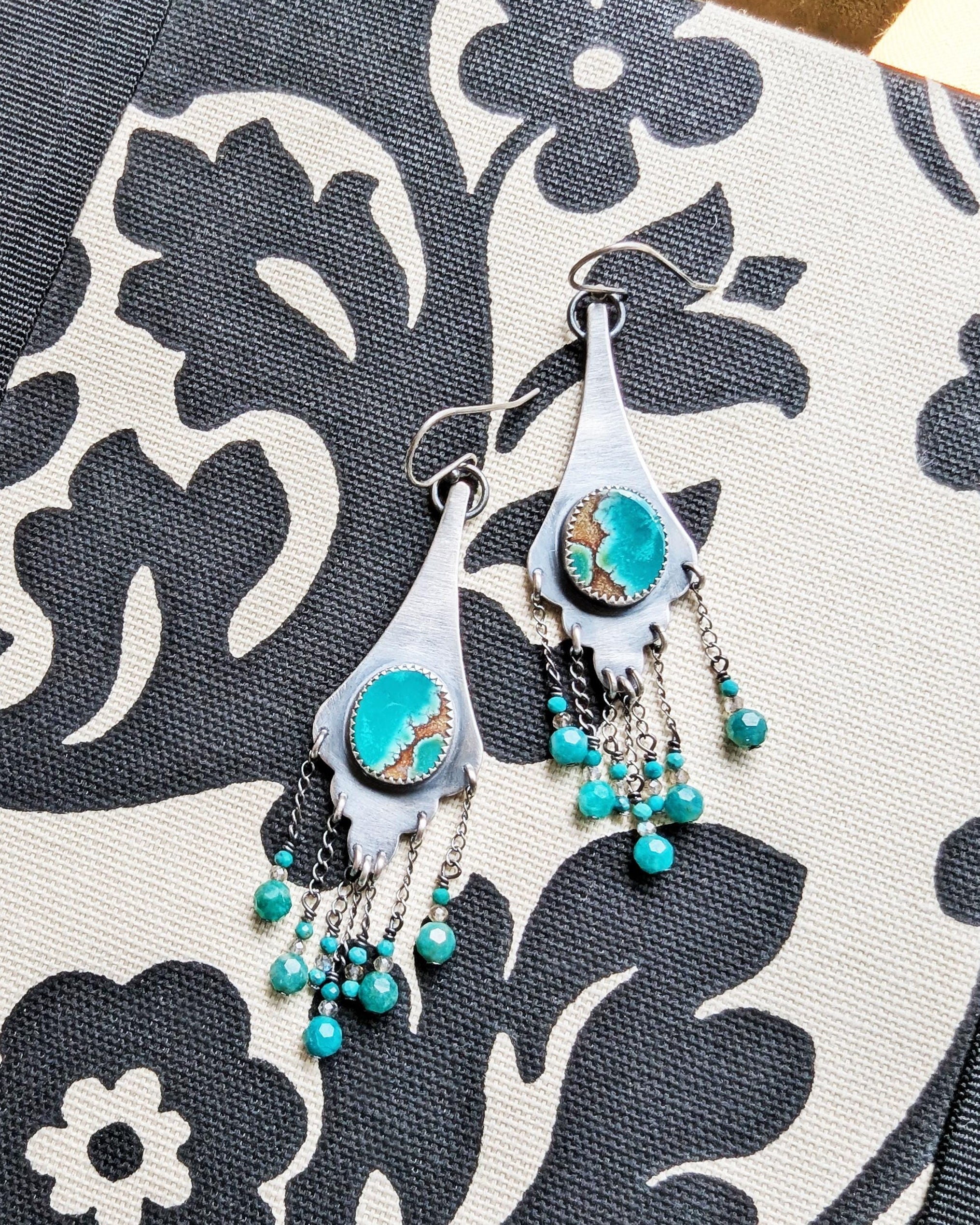Artisan earrings with Tibetan turquoise and brown moonstone accents