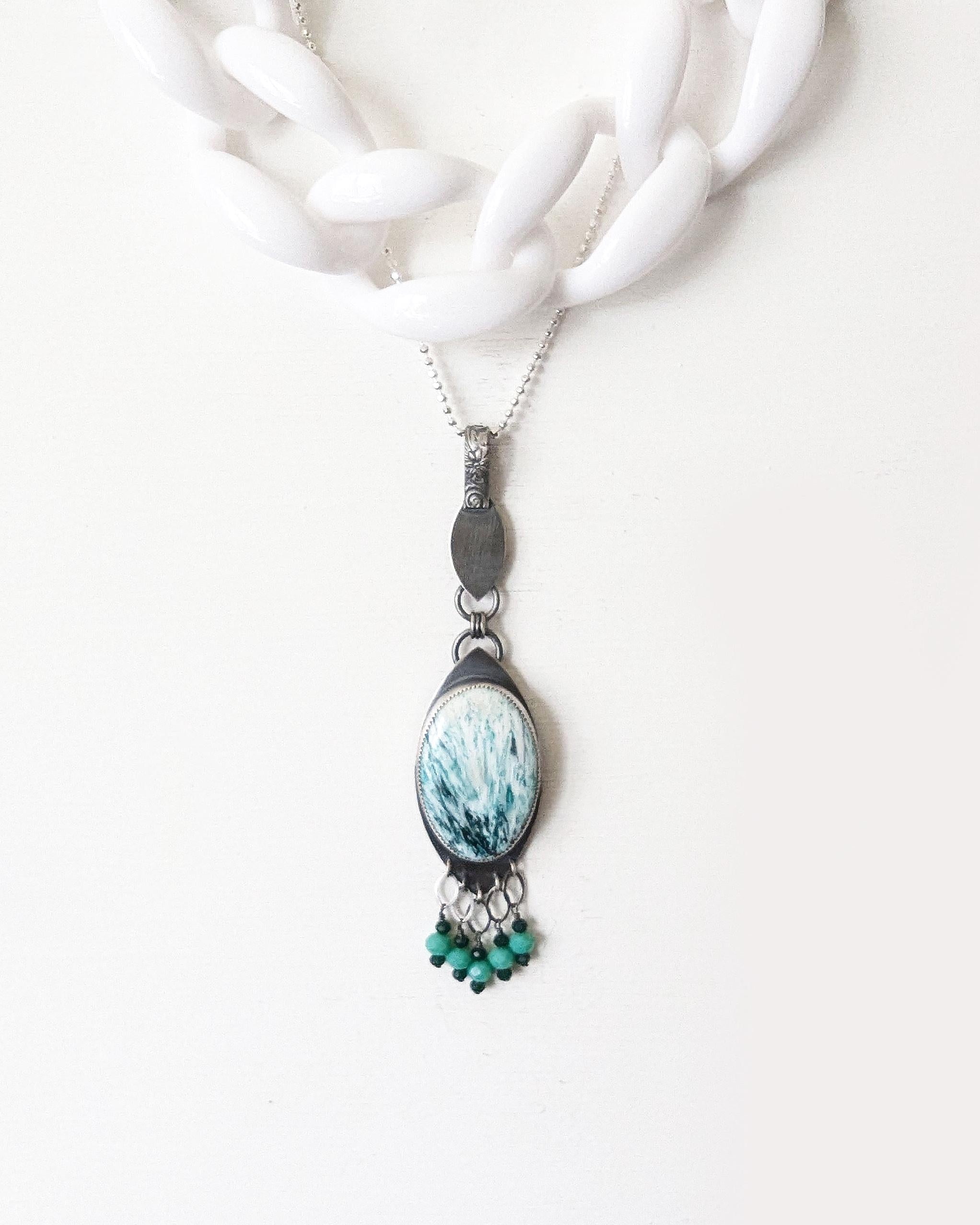 One of a kind scolecite pendant with fire polished glass bead fringe shown with layer necklace and on chain for styling