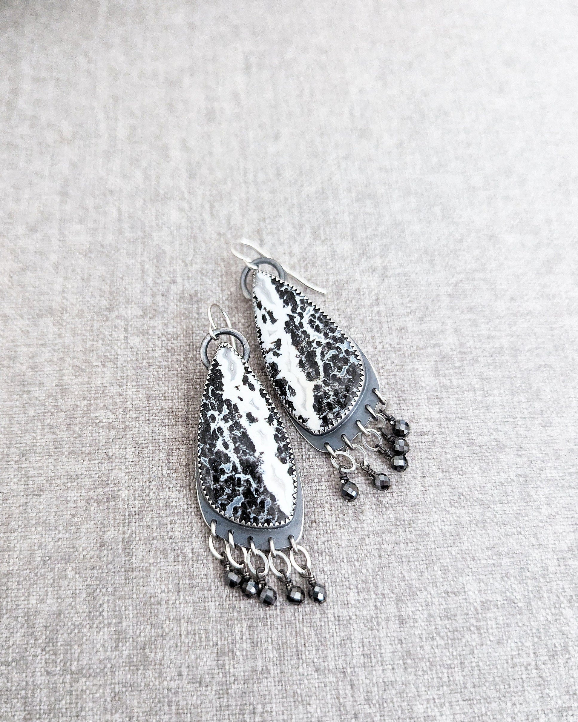 Bold black and white agate earrings with sparkling pyrite accents