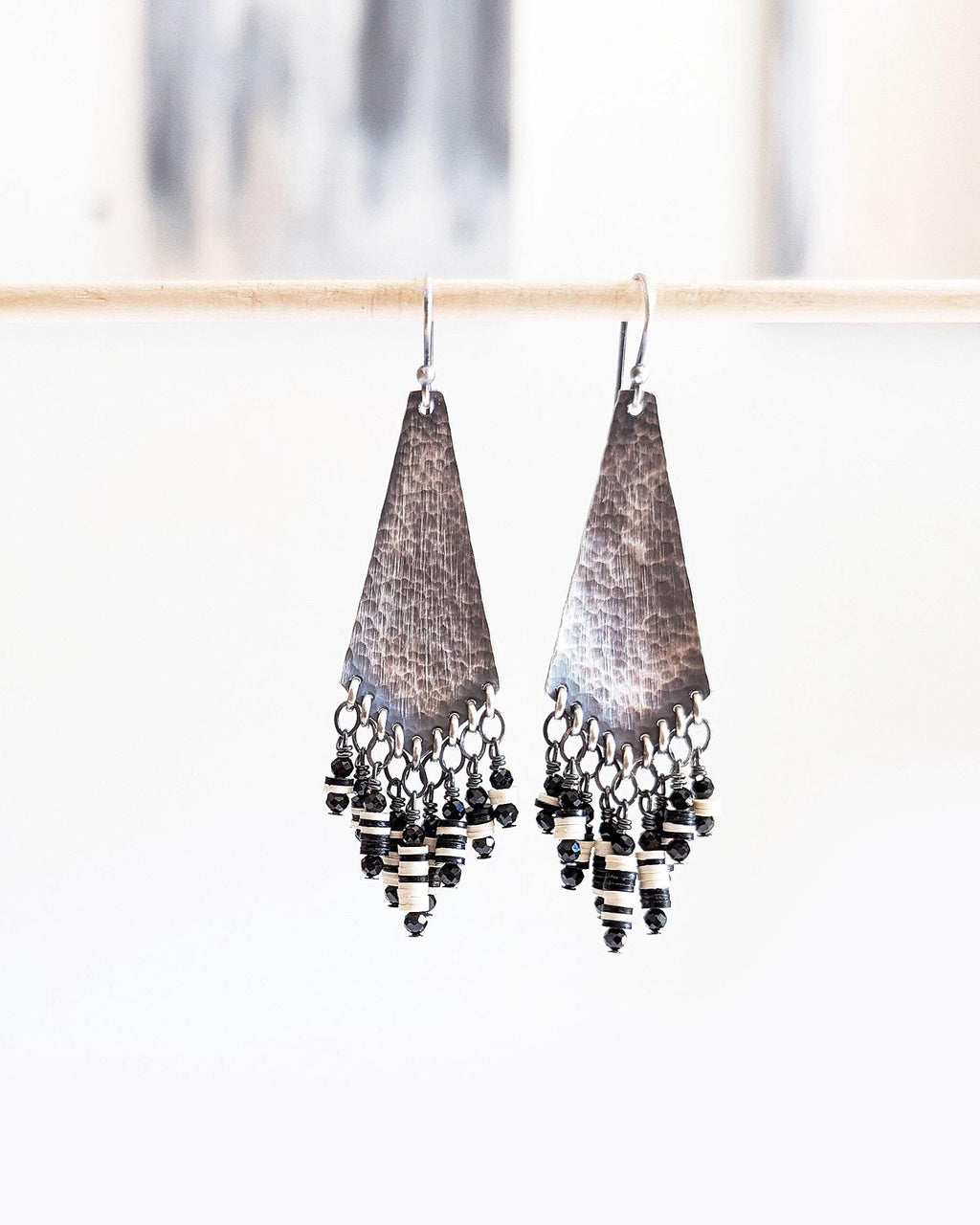 Black tourmaline bead fringe on elongated silver drops