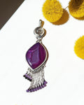 Purple-magenta druzy agate pendant with black tourmaline and amethyst bead fringe in oxidized sterling silver