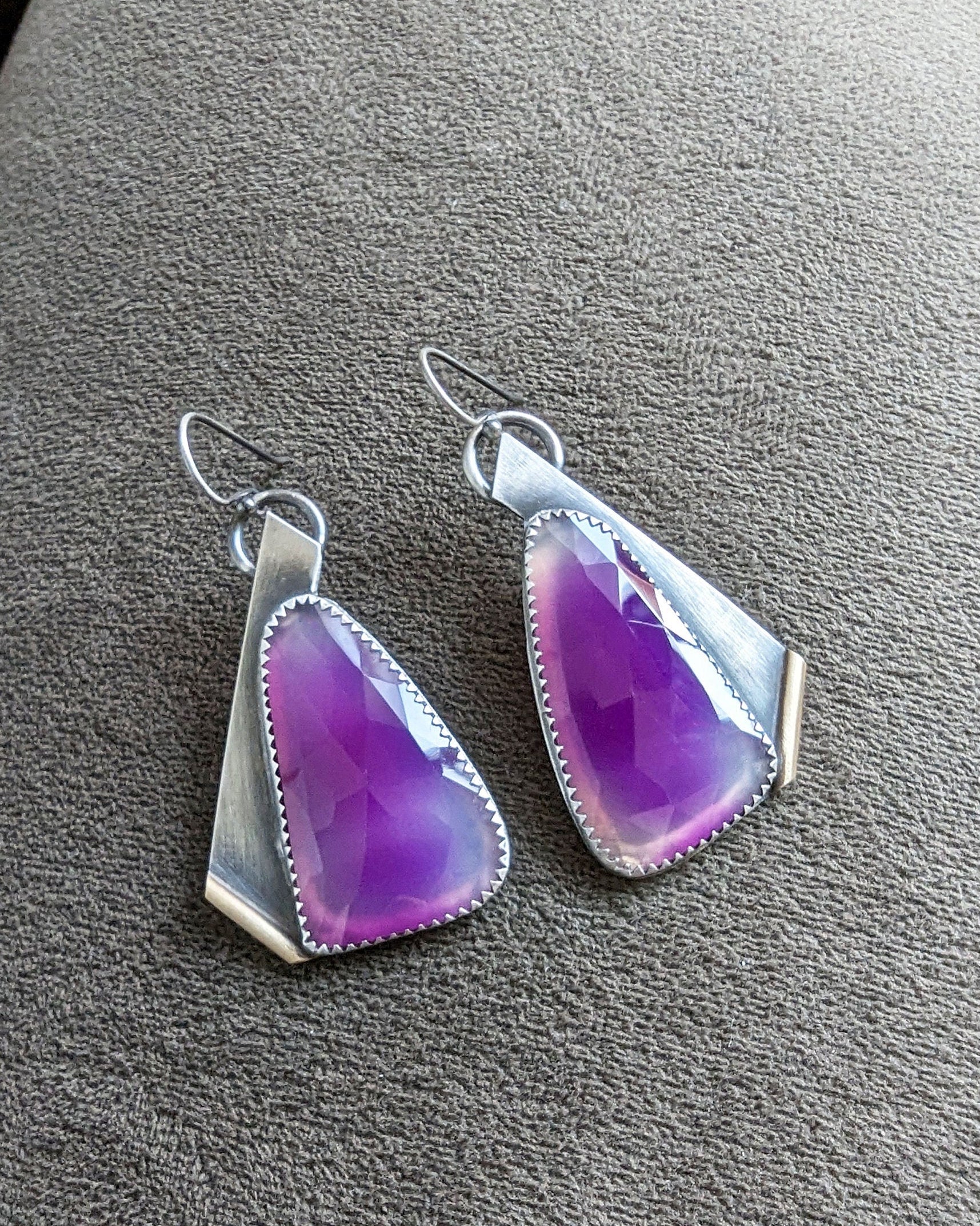 Whimsical purple gemstone earrings with brass accents