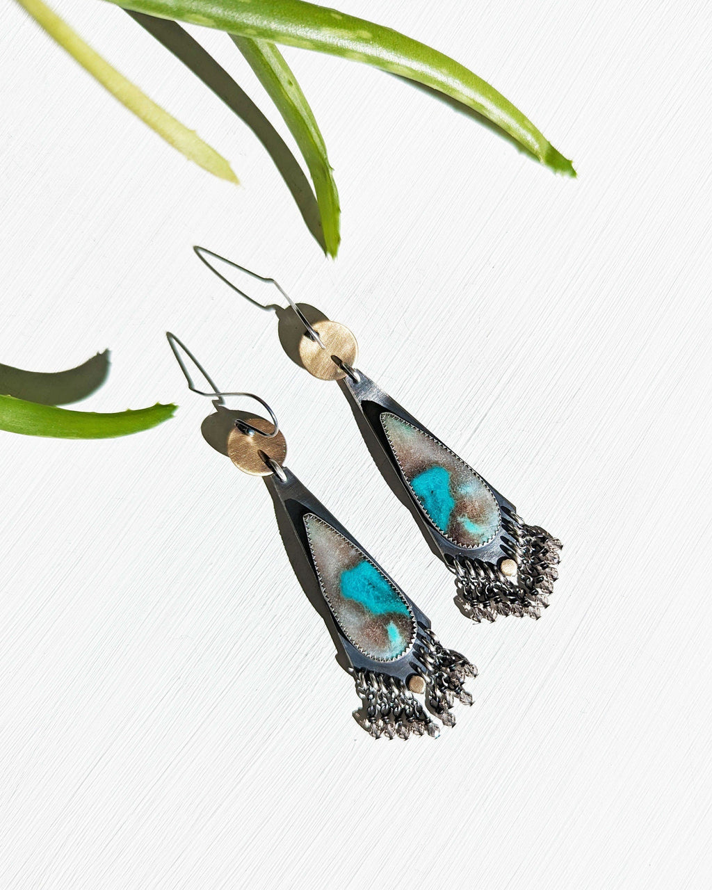 Mixed metal statement earrings with opalized wood and brass coin accents