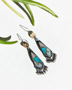 Mixed metal statement earrings with opalized wood and brass coin accents