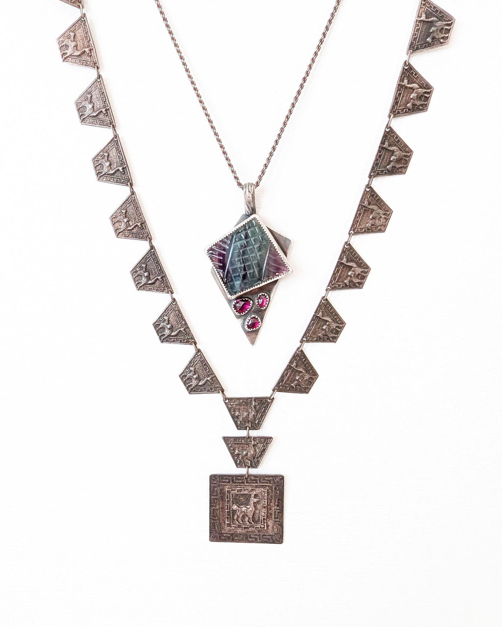 Oxidized sterling silver fluorite statement necklace shown on chain with layering necklace for styling idea (not included)