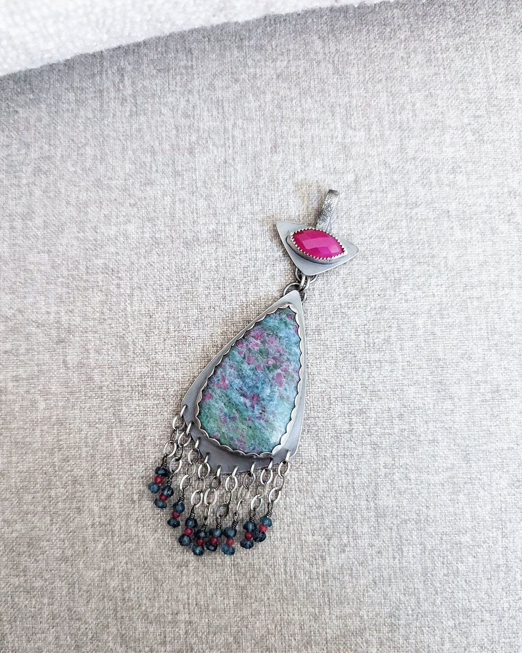 Colorful ruby in kyanite pendant with beaded fringe and oxidized silver setting