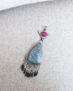 Colorful ruby in kyanite pendant with beaded fringe and oxidized silver setting