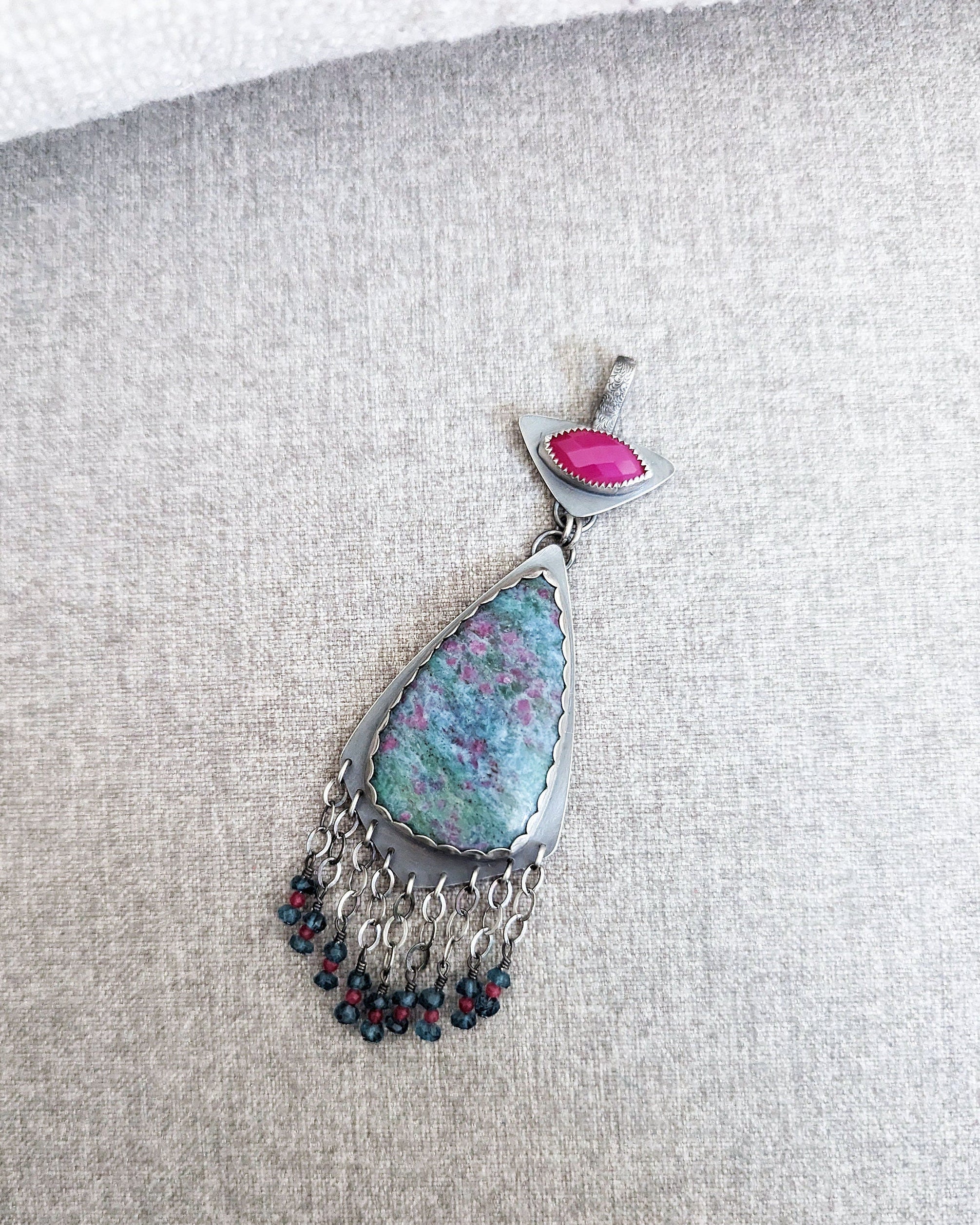 Colorful ruby in kyanite pendant with beaded fringe and oxidized silver setting