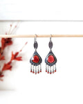 Red garnet leaf earrings in oxidized sterling silver