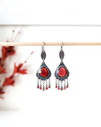 Red garnet leaf earrings in oxidized sterling silver