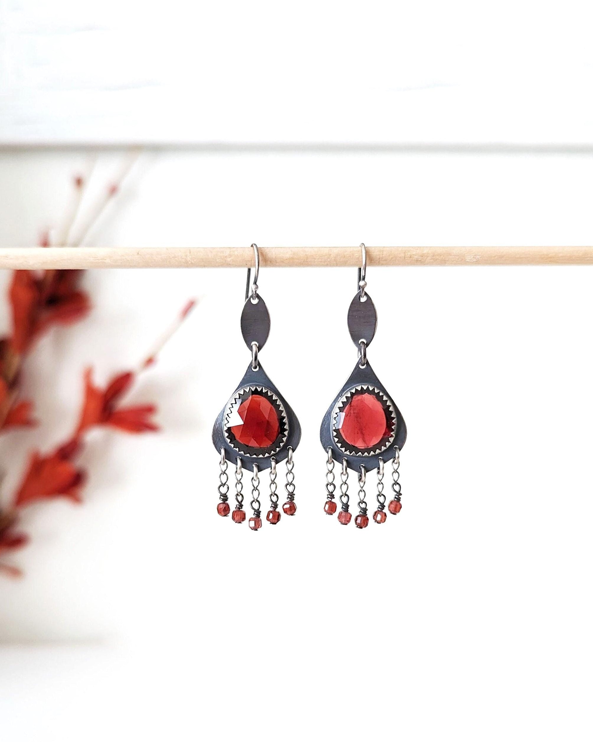 Red garnet leaf earrings in oxidized sterling silver