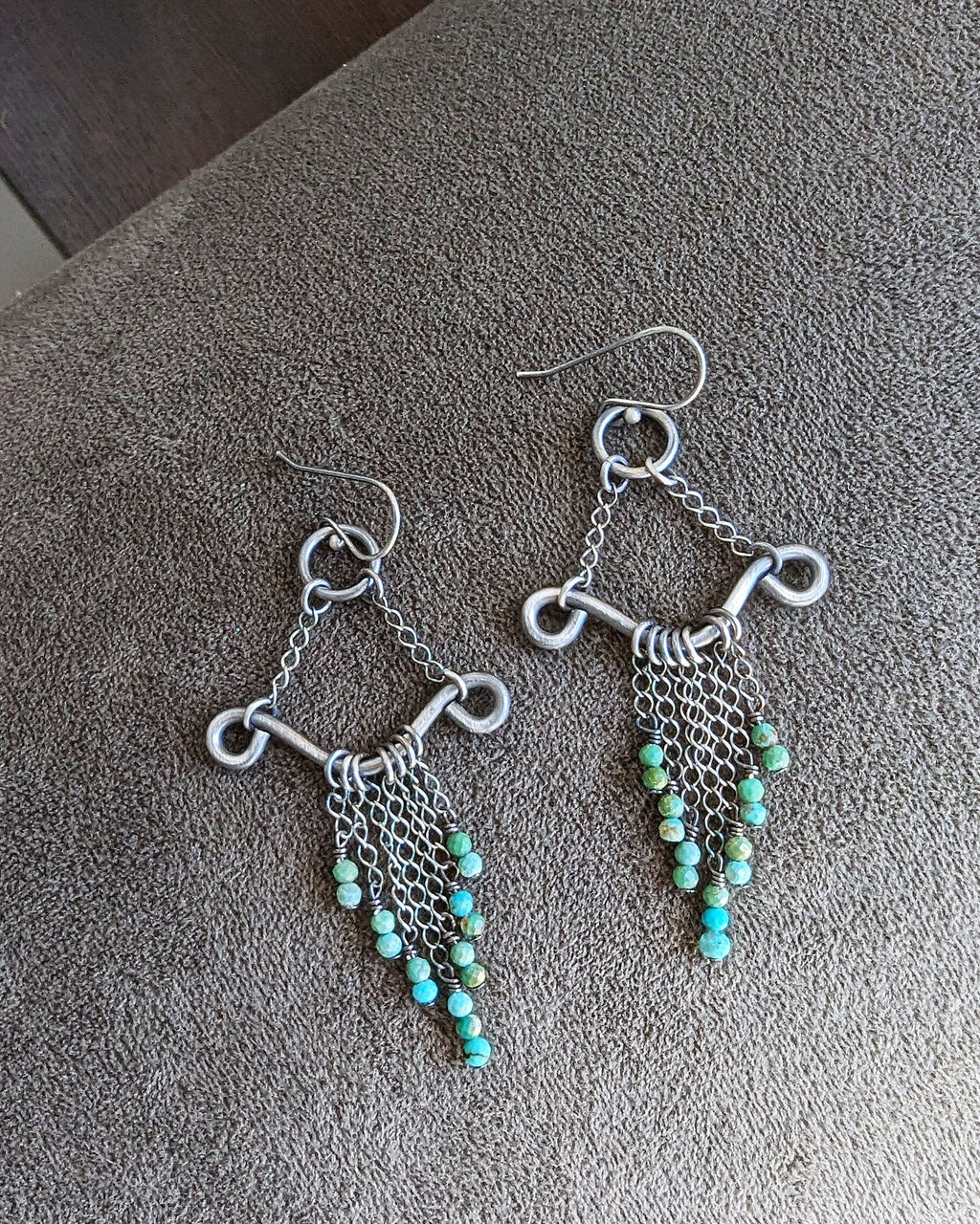 Minimalist turquoise and silver dangle earrings with chain fringe