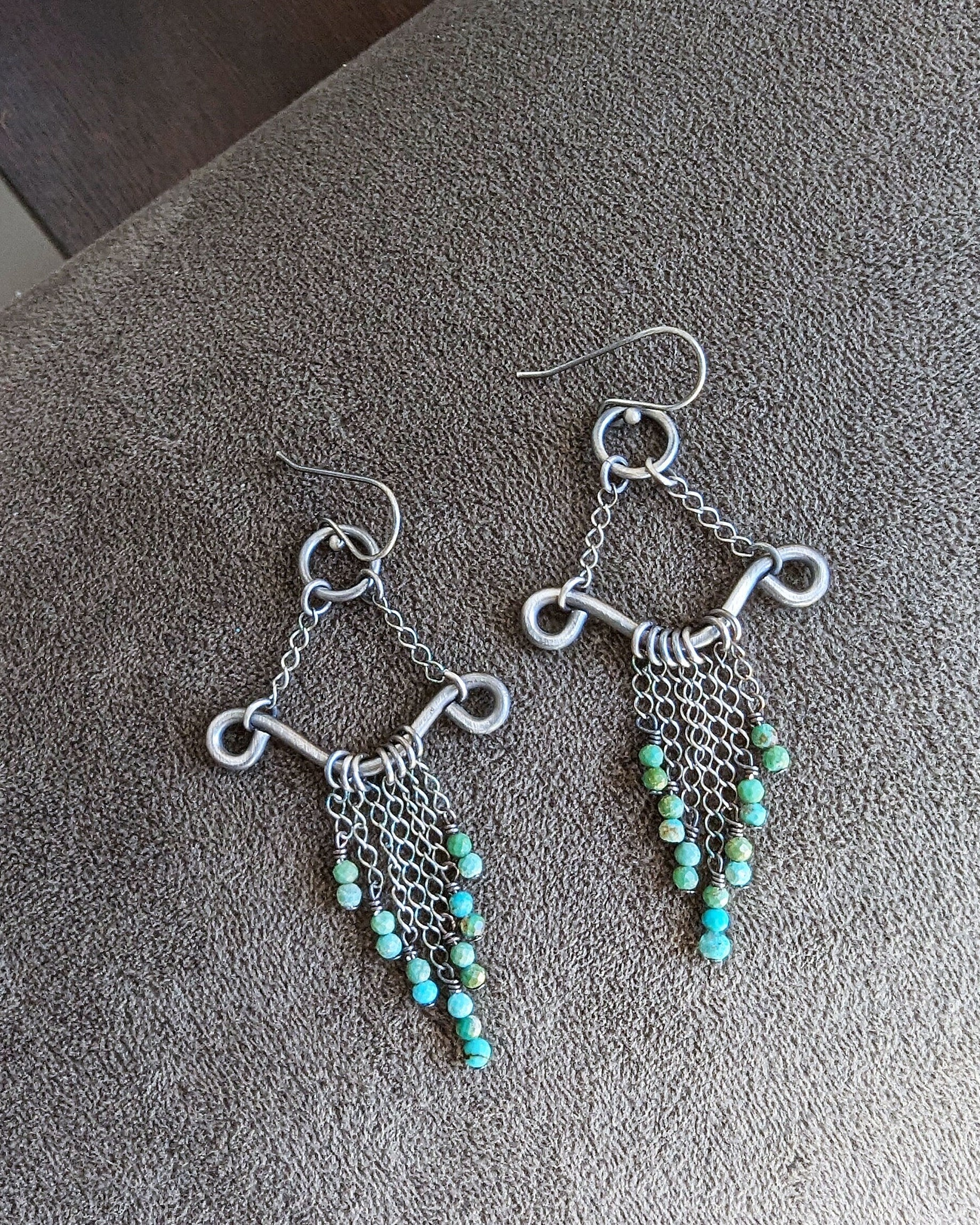 Minimalist turquoise and silver dangle earrings with chain fringe