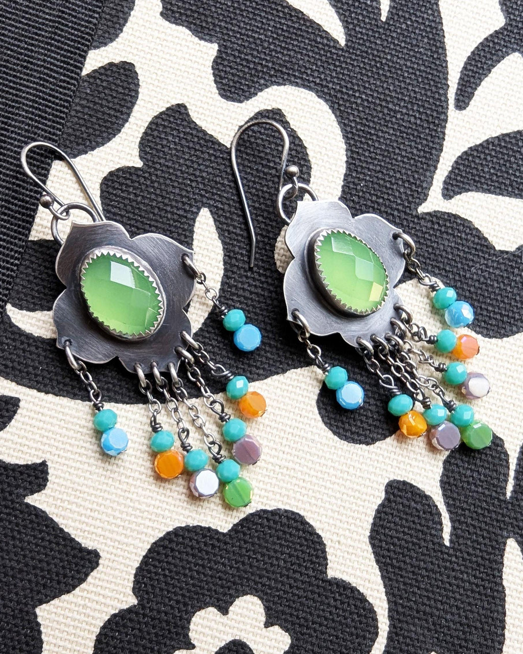 Lime green chalcedony drop earrings in oxidized sterling silver