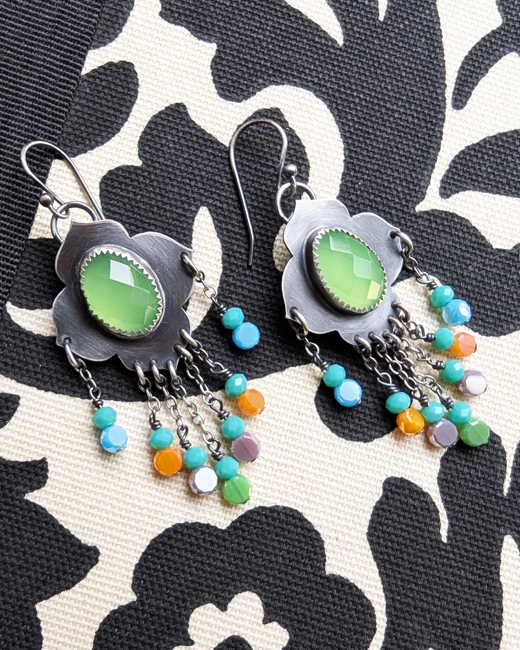Lime green chalcedony drop earrings in oxidized sterling silver