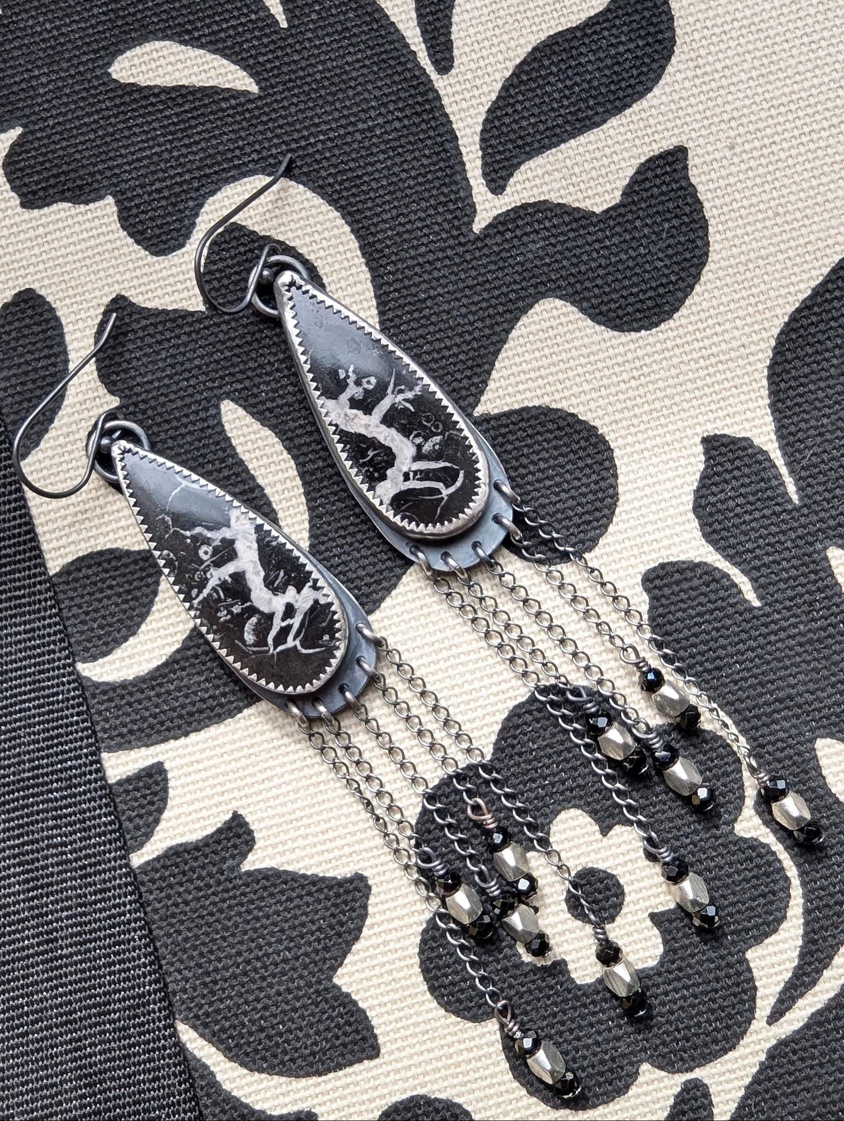 Black spinel and silver-coated brass bead fringe earrings