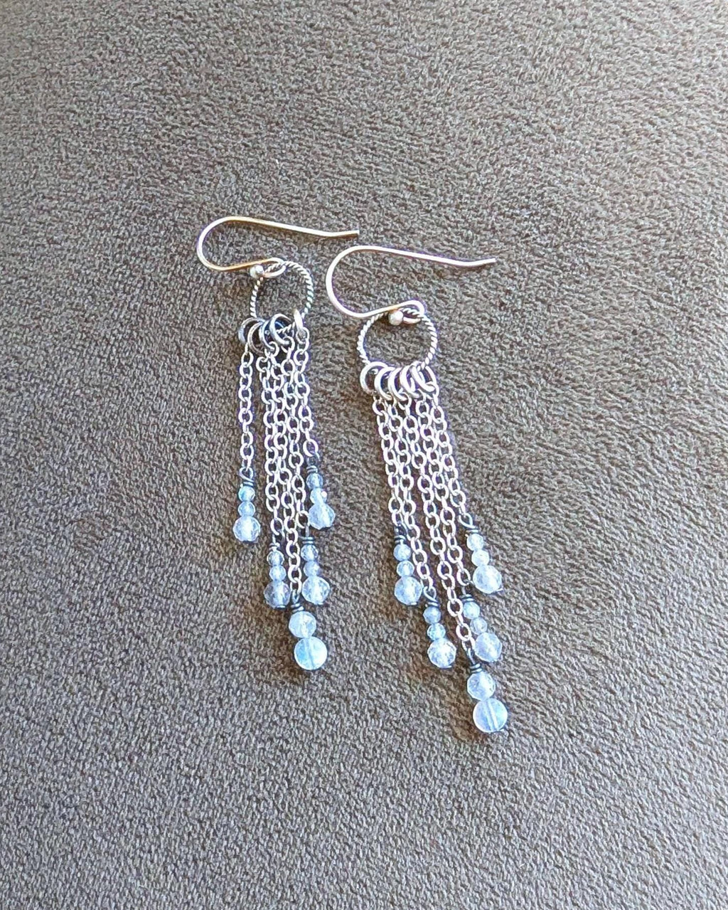 Labradorite fringe earrings with oxidized sterling silver long chain drops