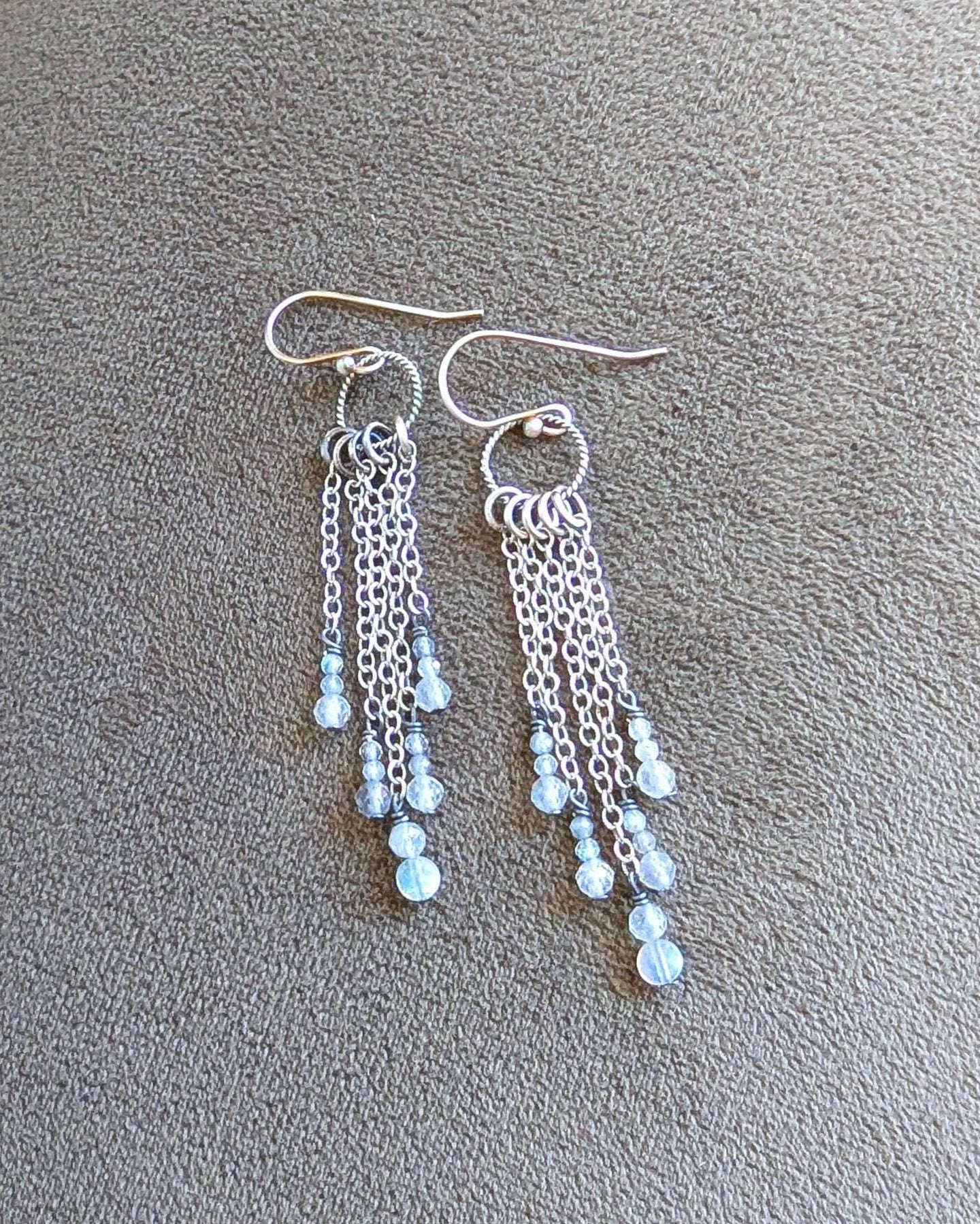 Labradorite fringe earrings with oxidized sterling silver long chain drops