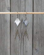 Hammered and oxidized sterling silver earrings with inverted metallic pyrite bead fringe

