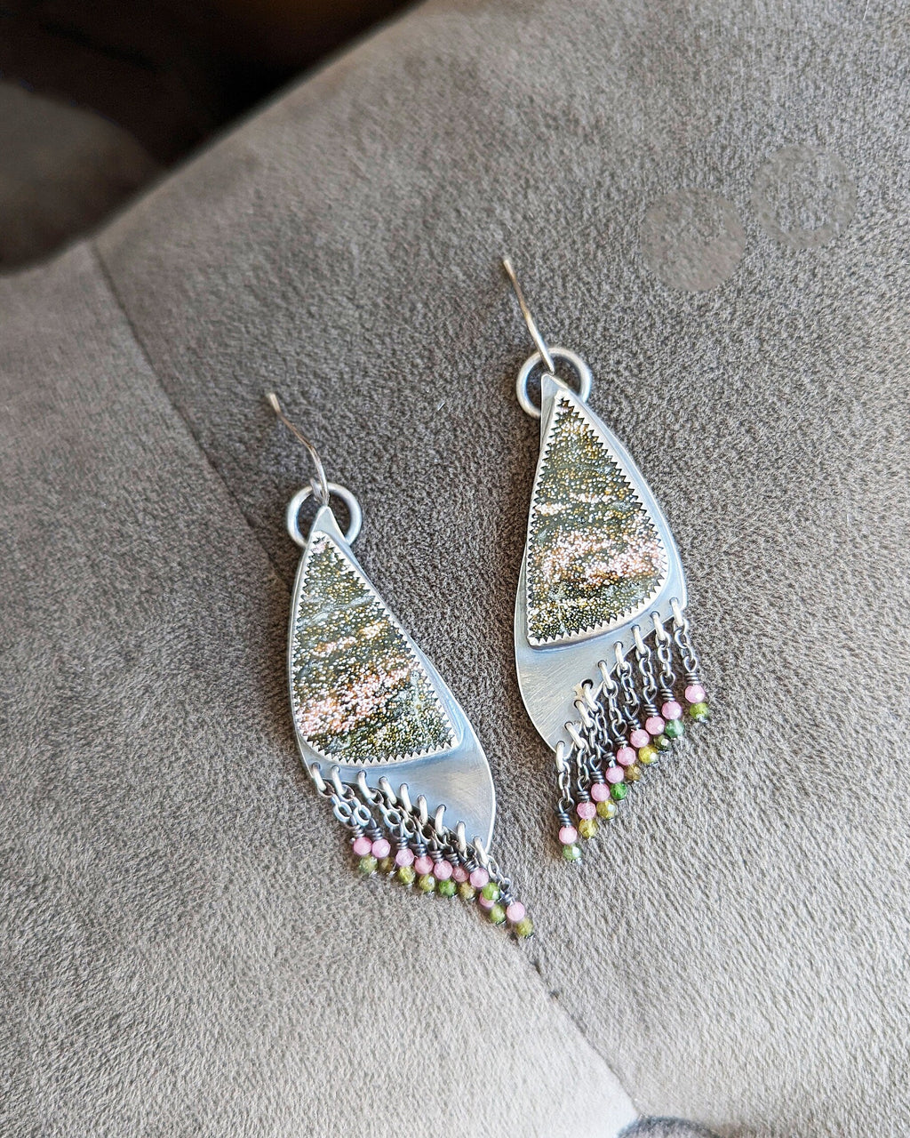 Asymmetrical leaf drop earrings in oxidized sterling silver