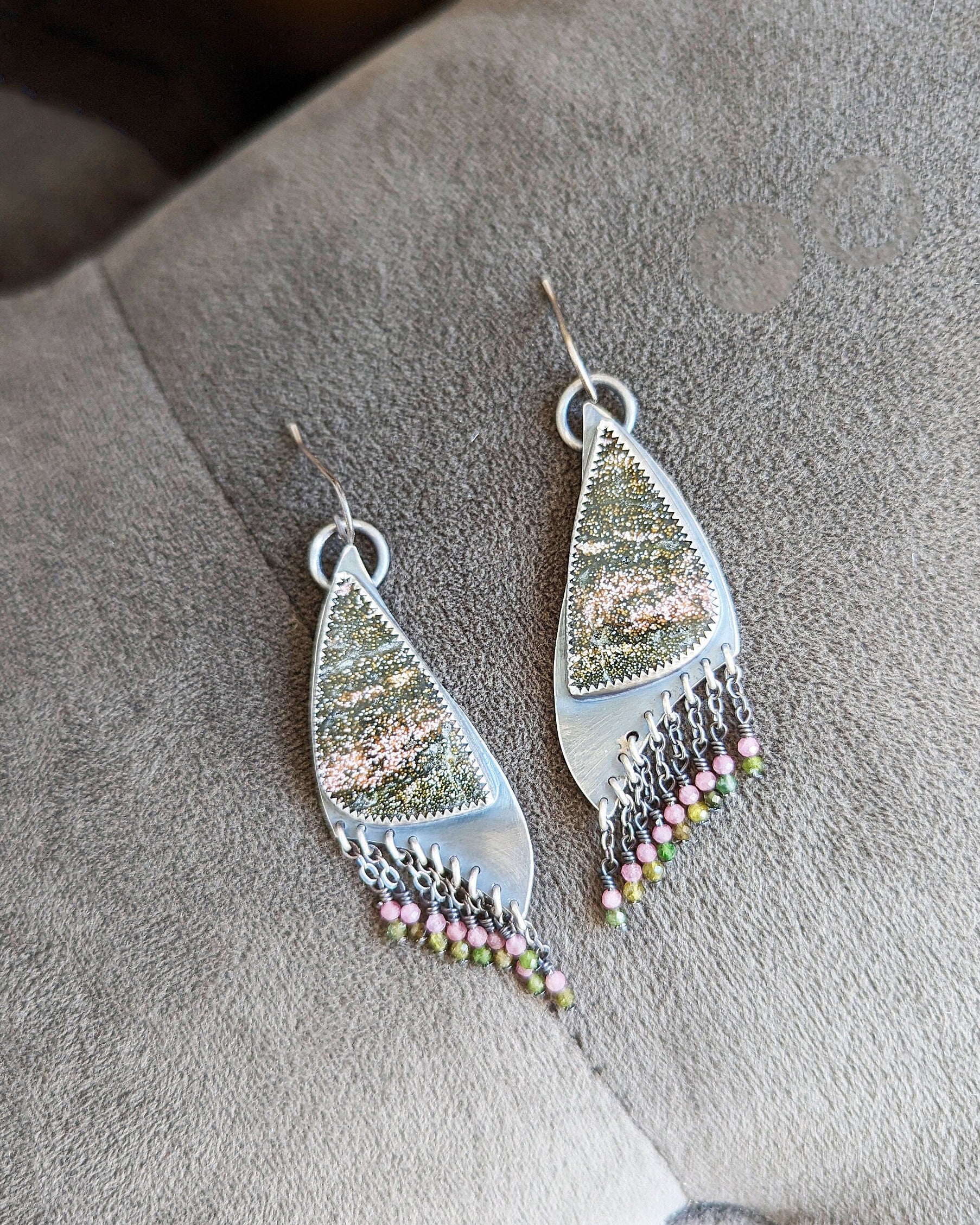 Asymmetrical leaf drop earrings in oxidized sterling silver