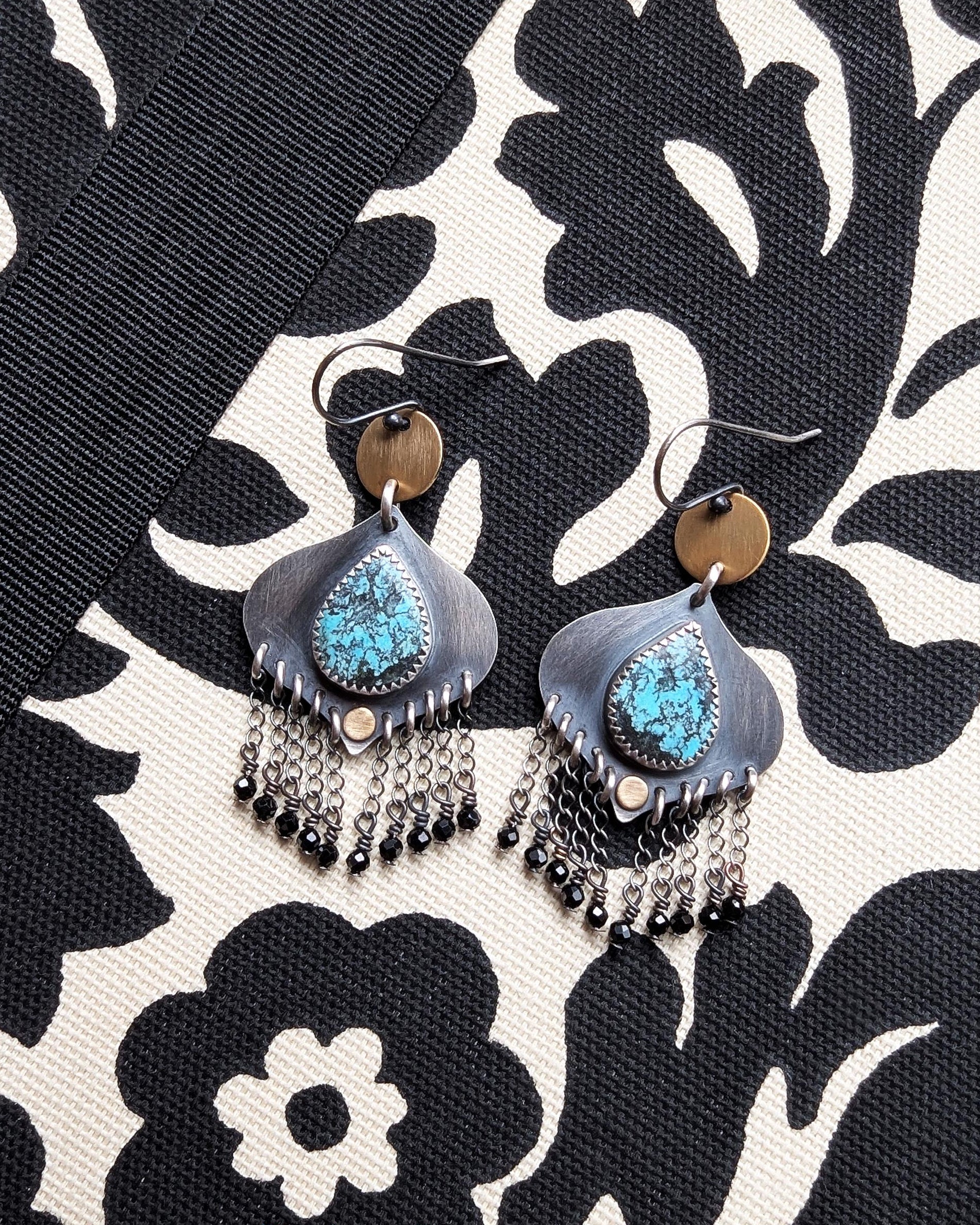 Artisan handmade turquoise earrings with brass and sterling silver