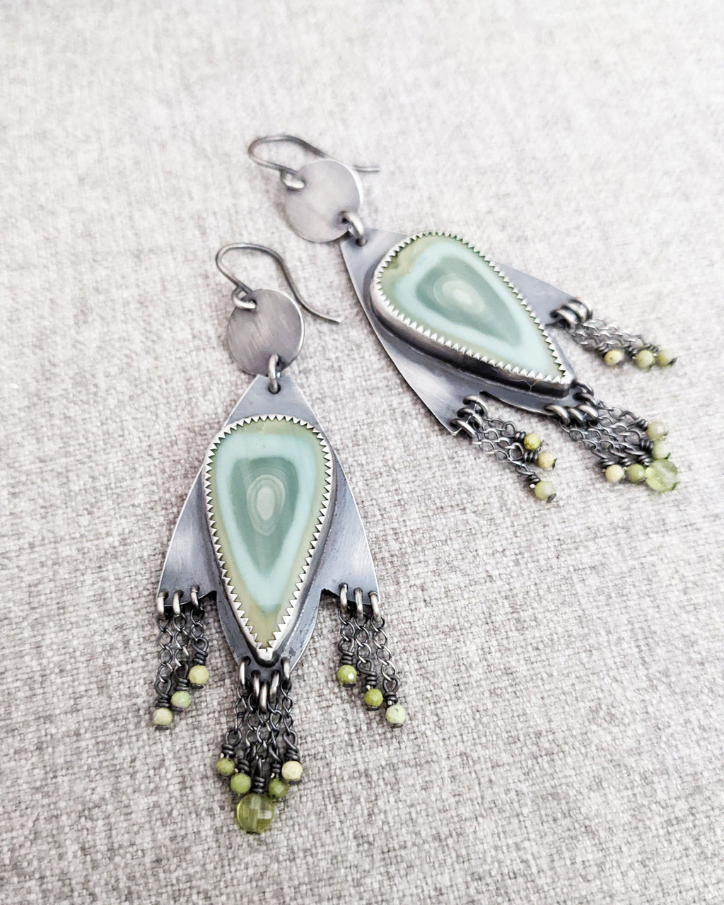 Boho fringe earrings featuring imperial jasper eye pattern and green gemstones