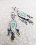 Boho fringe earrings featuring imperial jasper eye pattern and green gemstones
