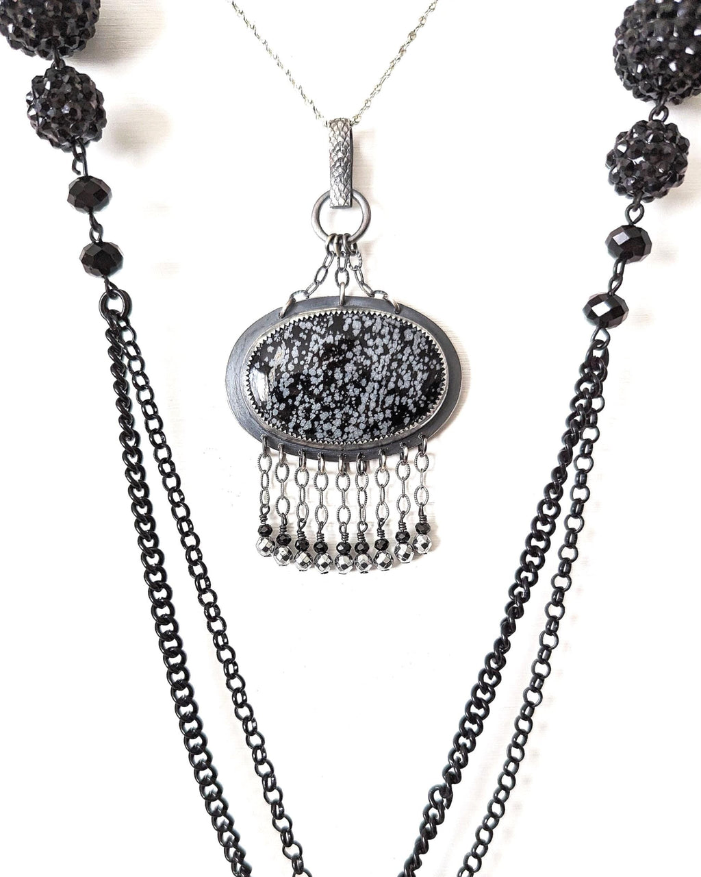 Snowflake obsidian chandelier pendant in oxidized sterling silver with chain fringe
