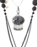 Snowflake obsidian chandelier pendant in oxidized sterling silver with chain fringe
