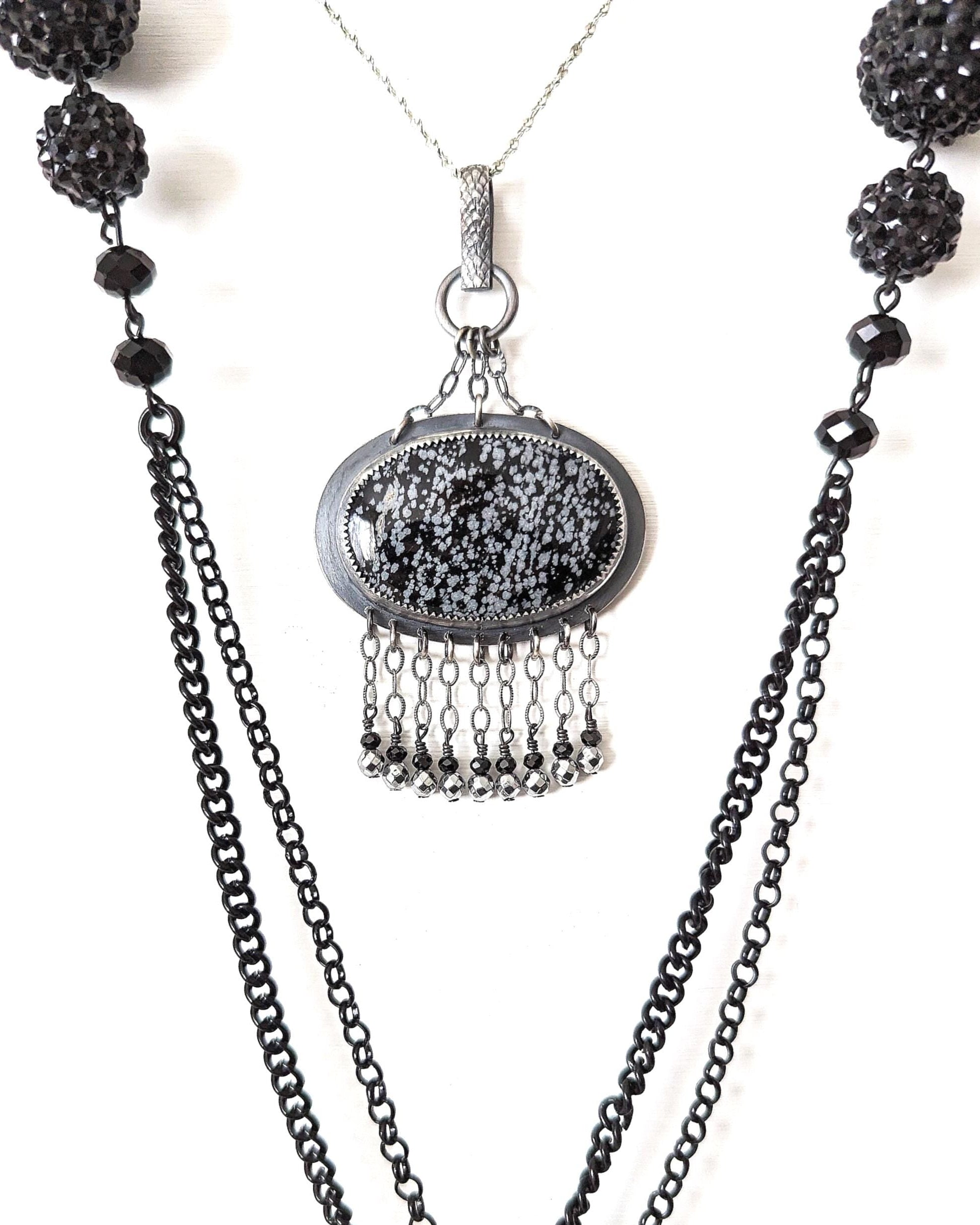 Snowflake obsidian chandelier pendant in oxidized sterling silver with chain fringe
