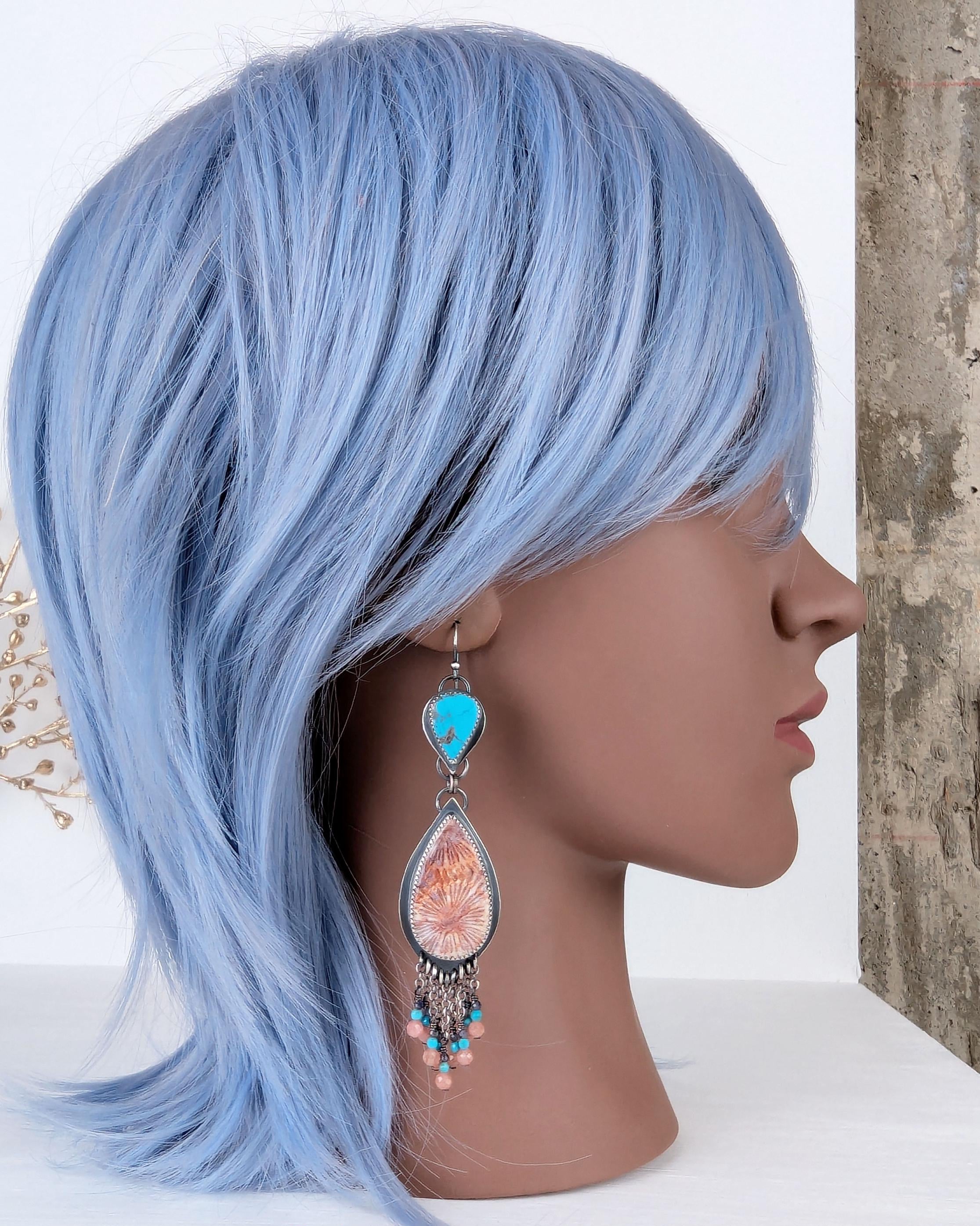 One of a kind turquoise and fossil coral earrings by Rebellenhaus