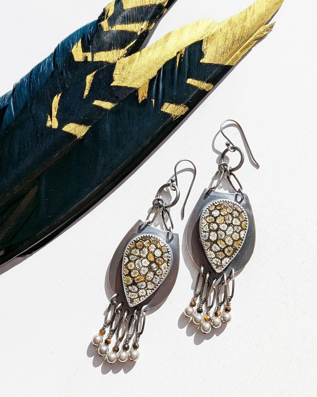 Neutral gemstone statement earrings with silver pearl accents