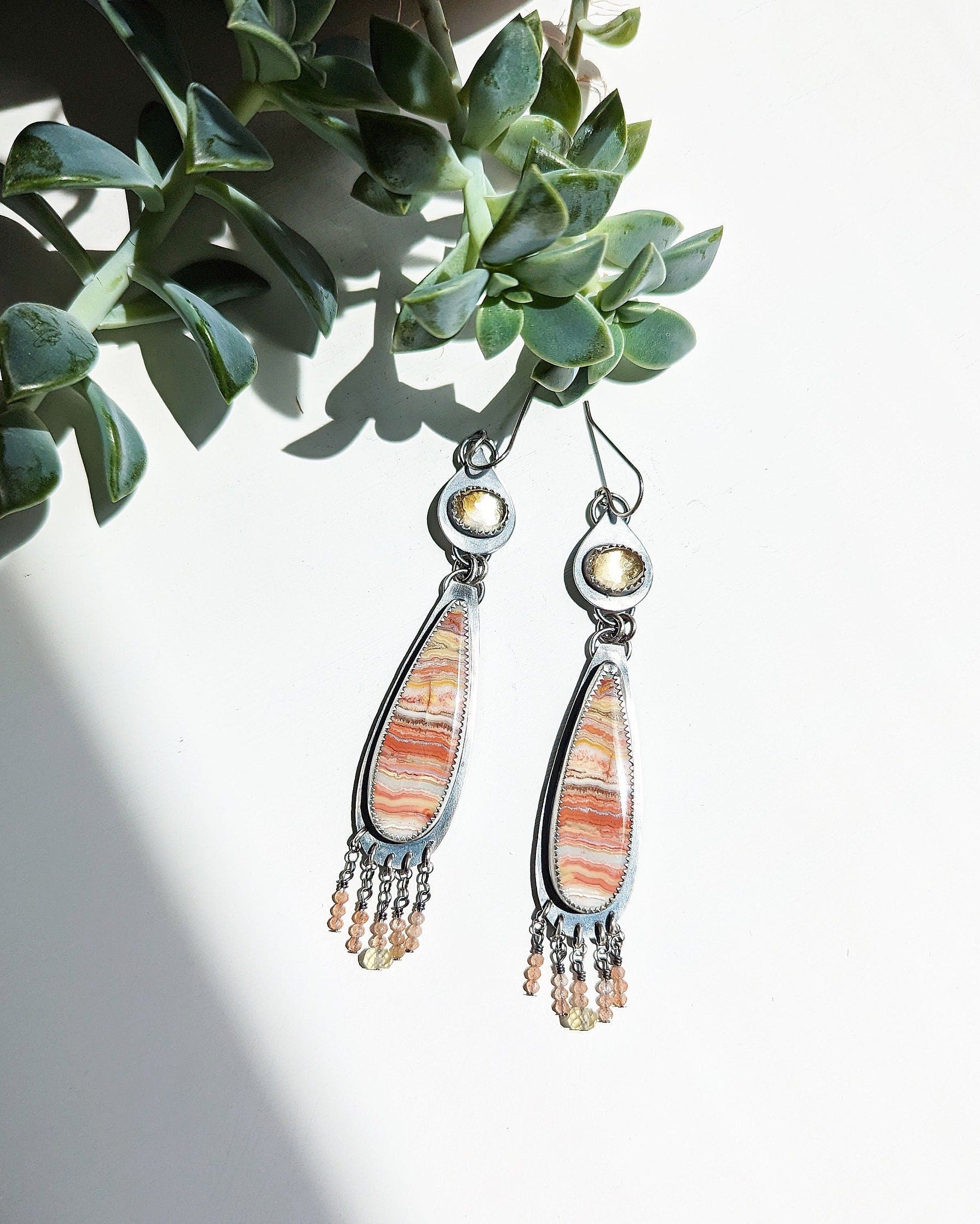 Rose cut citrine double stone dangle earrings with gemstone fringe