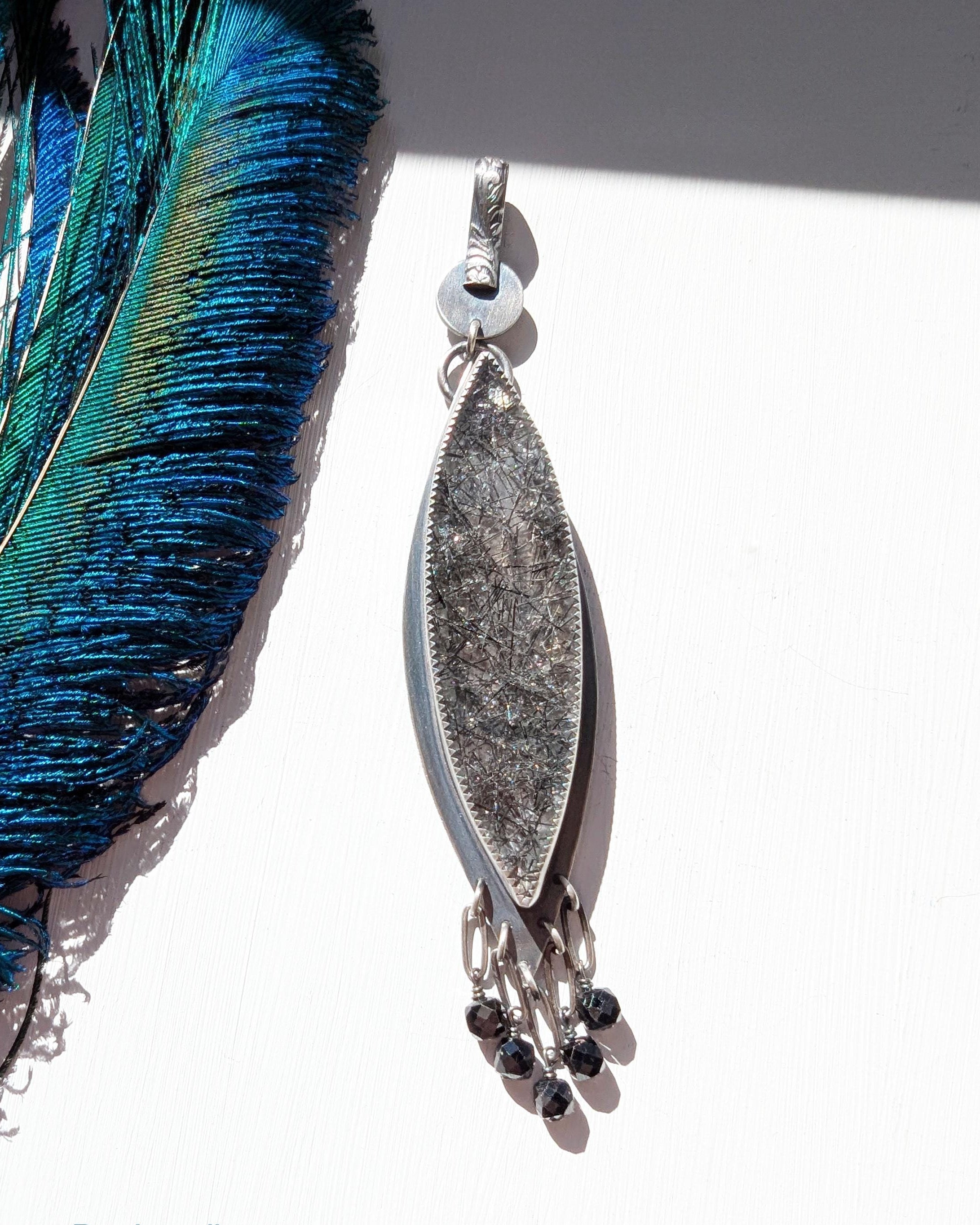Celestial black gemstone pendant with spinel beads