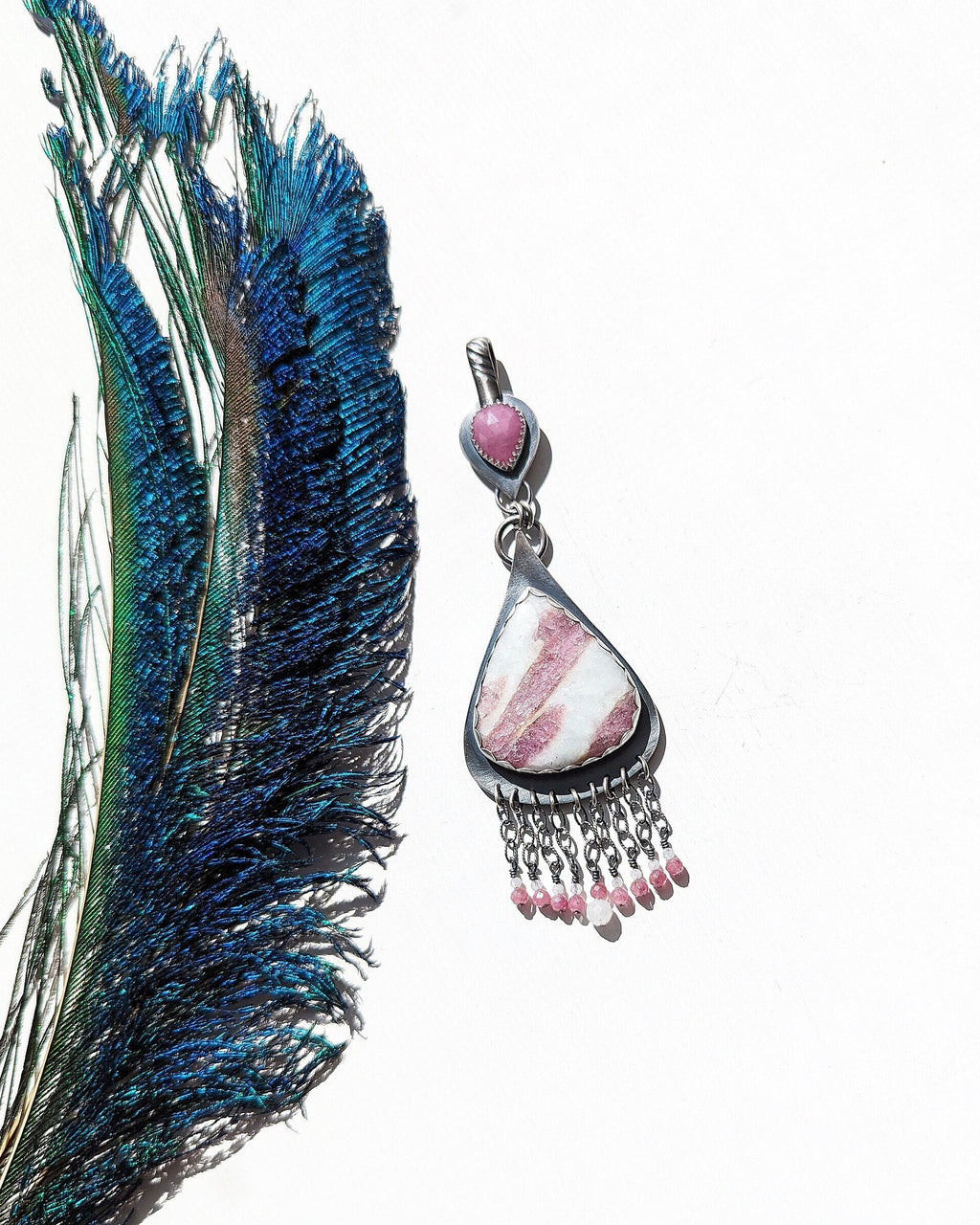 Pink Lemonade pendant with rose cut sapphire bail and tourmaline quartz in oxidized sterling silver