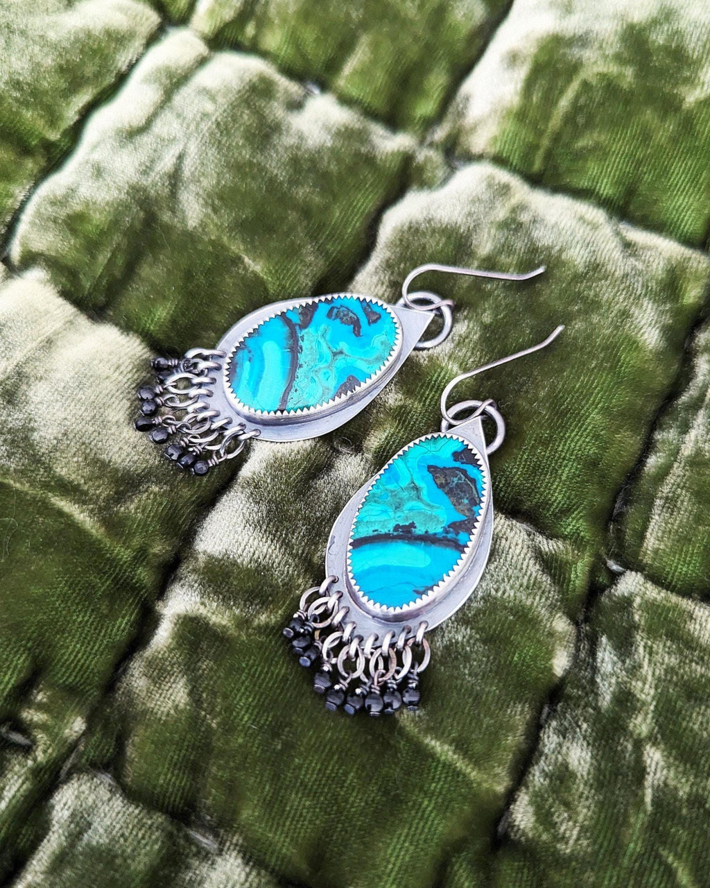Oxidized sterling silver leaf earrings with chrysocolla stones