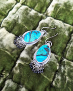 Oxidized sterling silver leaf earrings with chrysocolla stones