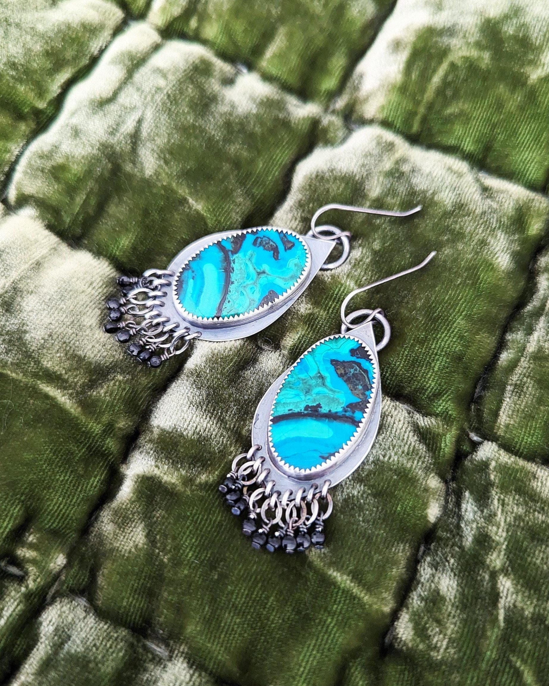 Oxidized sterling silver leaf earrings with chrysocolla stones