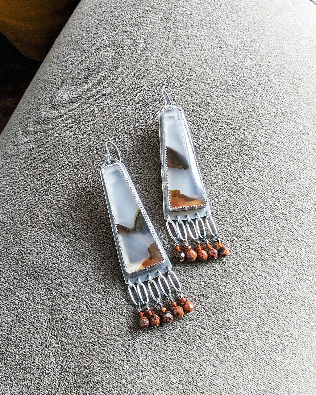 Long triangle Montana agate earrings with silver fringe